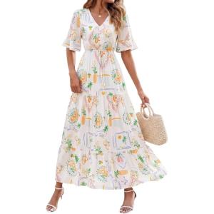 imageBTFBM Womens Summer Dresses 2026 Spring Casual Short Sleeve v Neck Boho Floral Flowy ALine Tiered Maxi Dress PocketsFloral White Multi