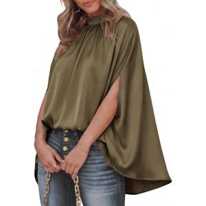 imageBTFBM Womens Summer Tops 2026 Mock Neck Batwing Sleeve Silk Satin Shirts Loose Oversized Dressy Casual Spring BlousesArmy Green