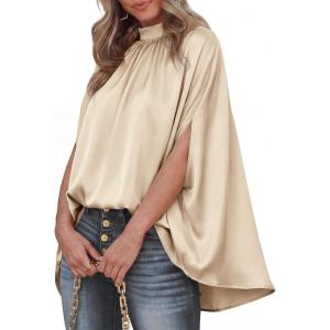 imageBTFBM Womens Summer Tops 2026 Mock Neck Batwing Sleeve Silk Satin Shirts Loose Oversized Dressy Casual Spring BlousesBeige