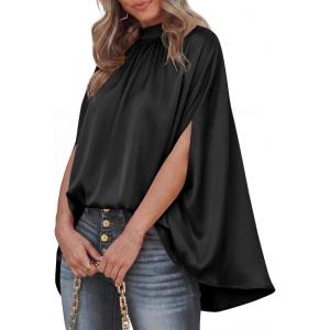 imageBTFBM Womens Summer Tops 2026 Mock Neck Batwing Sleeve Silk Satin Shirts Loose Oversized Dressy Casual Spring BlousesBlack