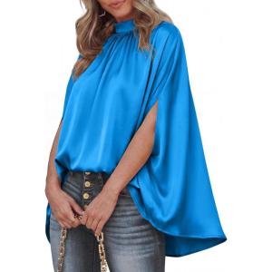 imageBTFBM Womens Summer Tops 2026 Mock Neck Batwing Sleeve Silk Satin Shirts Loose Oversized Dressy Casual Spring BlousesBlue