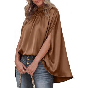 imageBTFBM Womens Summer Tops 2026 Mock Neck Batwing Sleeve Silk Satin Shirts Loose Oversized Dressy Casual Spring BlousesBrown