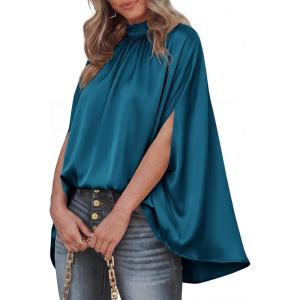 imageBTFBM Womens Summer Tops 2026 Mock Neck Batwing Sleeve Silk Satin Shirts Loose Oversized Dressy Casual Spring BlousesDark Blue