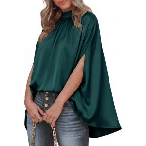imageBTFBM Womens Summer Tops 2026 Mock Neck Batwing Sleeve Silk Satin Shirts Loose Oversized Dressy Casual Spring BlousesDark Green