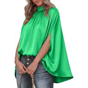 imageBTFBM Womens Summer Tops 2026 Mock Neck Batwing Sleeve Silk Satin Shirts Loose Oversized Dressy Casual Spring BlousesGrass Green