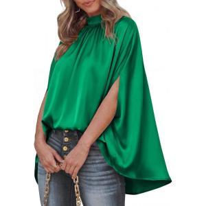 imageBTFBM Womens Summer Tops 2026 Mock Neck Batwing Sleeve Silk Satin Shirts Loose Oversized Dressy Casual Spring BlousesGreen