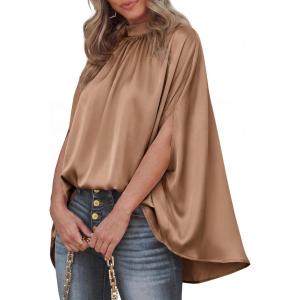 imageBTFBM Womens Summer Tops 2026 Mock Neck Batwing Sleeve Silk Satin Shirts Loose Oversized Dressy Casual Spring BlousesKhaki