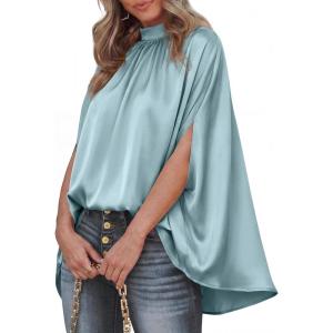 imageBTFBM Womens Summer Tops 2026 Mock Neck Batwing Sleeve Silk Satin Shirts Loose Oversized Dressy Casual Spring BlousesLight Blue