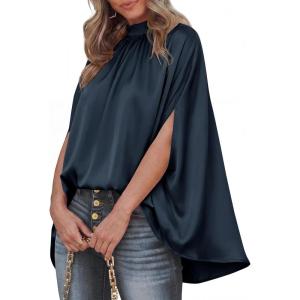 imageBTFBM Womens Summer Tops 2026 Mock Neck Batwing Sleeve Silk Satin Shirts Loose Oversized Dressy Casual Spring BlousesNavy