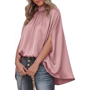 imageBTFBM Womens Summer Tops 2026 Mock Neck Batwing Sleeve Silk Satin Shirts Loose Oversized Dressy Casual Spring BlousesPink