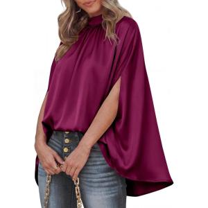 imageBTFBM Womens Summer Tops 2026 Mock Neck Batwing Sleeve Silk Satin Shirts Loose Oversized Dressy Casual Spring BlousesPurple Red