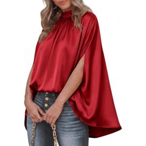 imageBTFBM Womens Summer Tops 2026 Mock Neck Batwing Sleeve Silk Satin Shirts Loose Oversized Dressy Casual Spring BlousesRed
