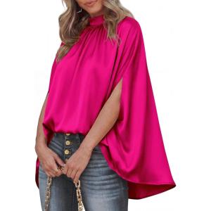 imageBTFBM Womens Summer Tops 2026 Mock Neck Batwing Sleeve Silk Satin Shirts Loose Oversized Dressy Casual Spring BlousesRose Red