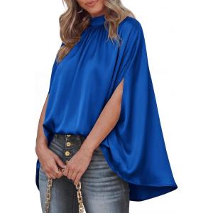 imageBTFBM Womens Summer Tops 2026 Mock Neck Batwing Sleeve Silk Satin Shirts Loose Oversized Dressy Casual Spring BlousesRoyal Blue