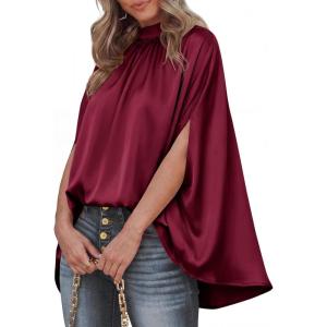 imageBTFBM Womens Summer Tops 2026 Mock Neck Batwing Sleeve Silk Satin Shirts Loose Oversized Dressy Casual Spring BlousesWine Red