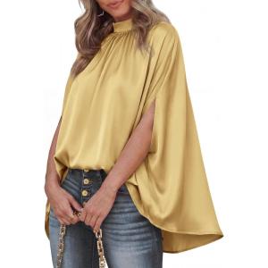 imageBTFBM Womens Summer Tops 2026 Mock Neck Batwing Sleeve Silk Satin Shirts Loose Oversized Dressy Casual Spring BlousesYellow