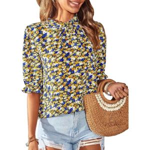 imageBTFBM Womens Tops 2026 Dressy Casual Blouses Summer Spring Clothes Mock Neck Short Sleeve Shirts Business Work Fall OutfitsFloral Black