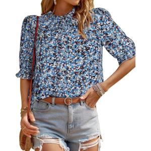 imageBTFBM Womens Tops 2026 Dressy Casual Blouses Summer Spring Clothes Mock Neck Short Sleeve Shirts Business Work Fall OutfitsFloral Blue White
