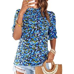 imageBTFBM Womens Tops 2026 Dressy Casual Blouses Summer Spring Clothes Mock Neck Short Sleeve Shirts Business Work Fall OutfitsFloral Bright Blue
