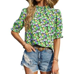 imageBTFBM Womens Tops 2026 Dressy Casual Blouses Summer Spring Clothes Mock Neck Short Sleeve Shirts Business Work Fall OutfitsFloral Green Black