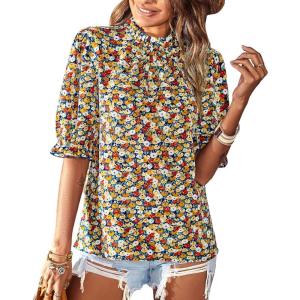 imageBTFBM Womens Tops 2026 Dressy Casual Blouses Summer Spring Clothes Mock Neck Short Sleeve Shirts Business Work Fall OutfitsFloral Navy
