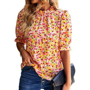 imageBTFBM Womens Tops 2026 Dressy Casual Blouses Summer Spring Clothes Mock Neck Short Sleeve Shirts Business Work Fall OutfitsFloral Pink