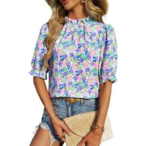 imageBTFBM Womens Tops 2026 Dressy Casual Blouses Summer Spring Clothes Mock Neck Short Sleeve Shirts Business Work Fall OutfitsFloral Pink Blue