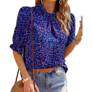 imageBTFBM Womens Tops 2026 Dressy Casual Blouses Summer Spring Clothes Mock Neck Short Sleeve Shirts Business Work Fall OutfitsFloral Purple Blue