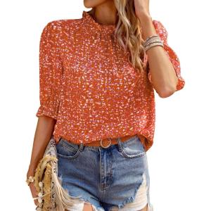 imageBTFBM Womens Tops 2026 Dressy Casual Blouses Summer Spring Clothes Mock Neck Short Sleeve Shirts Business Work Fall OutfitsFloral Red Orange