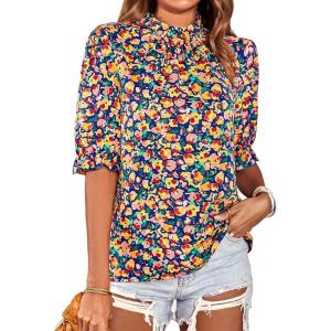 imageBTFBM Womens Tops 2026 Dressy Casual Blouses Summer Spring Clothes Mock Neck Short Sleeve Shirts Business Work Fall OutfitsFloral Royal Blue