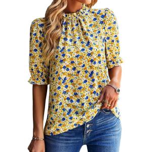imageBTFBM Womens Tops 2026 Dressy Casual Blouses Summer Spring Clothes Mock Neck Short Sleeve Shirts Business Work Fall OutfitsFloral Yellow