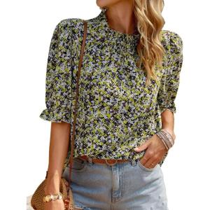 imageBTFBM Womens Tops 2026 Dressy Casual Blouses Summer Spring Clothes Mock Neck Short Sleeve Shirts Business Work Fall OutfitsFloral Yellow White