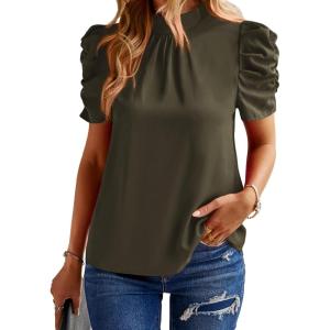 imageBTFBM Womens Tops 2026 Dressy Casual Blouses Summer Spring Clothes Mock Neck Short Sleeve Shirts Business Work Fall OutfitsSolid Army Green