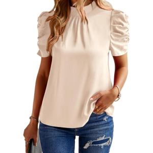 imageBTFBM Womens Tops 2026 Dressy Casual Blouses Summer Spring Clothes Mock Neck Short Sleeve Shirts Business Work Fall OutfitsSolid Beige