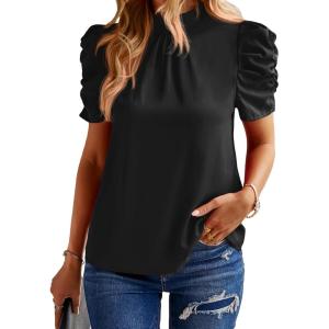 imageBTFBM Womens Tops 2026 Dressy Casual Blouses Summer Spring Clothes Mock Neck Short Sleeve Shirts Business Work Fall OutfitsSolid Black