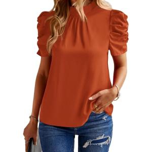 imageBTFBM Womens Tops 2026 Dressy Casual Blouses Summer Spring Clothes Mock Neck Short Sleeve Shirts Business Work Fall OutfitsSolid Brick Red