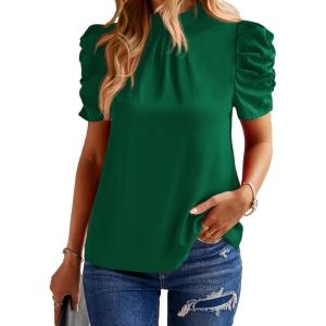 imageBTFBM Womens Tops 2026 Dressy Casual Blouses Summer Spring Clothes Mock Neck Short Sleeve Shirts Business Work Fall OutfitsSolid Dark Green