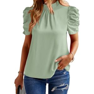 imageBTFBM Womens Tops 2026 Dressy Casual Blouses Summer Spring Clothes Mock Neck Short Sleeve Shirts Business Work Fall OutfitsSolid Light Green