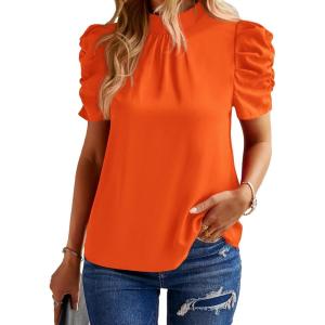 imageBTFBM Womens Tops 2026 Dressy Casual Blouses Summer Spring Clothes Mock Neck Short Sleeve Shirts Business Work Fall OutfitsSolid Orange