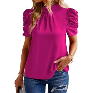 imageBTFBM Womens Tops 2026 Dressy Casual Blouses Summer Spring Clothes Mock Neck Short Sleeve Shirts Business Work Fall OutfitsSolid Rose Red