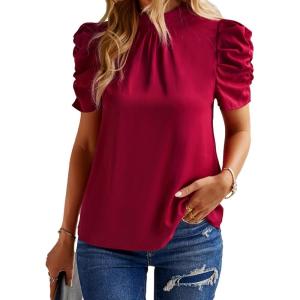 imageBTFBM Womens Tops 2026 Dressy Casual Blouses Summer Spring Clothes Mock Neck Short Sleeve Shirts Business Work Fall OutfitsSolid Wine Red