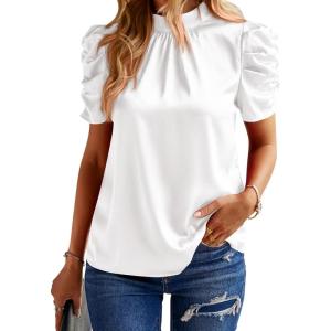 imageBTFBM Womens Tops 2026 Dressy Casual Blouses Summer Spring Clothes Mock Neck Short Sleeve Shirts Business Work Fall OutfitsWhite