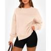 imageBTFBM Womens Casual Crewneck Sweatshirts 2026 Spring Long Sleeve Side Slit Workout Fleece Pullover Top Fashion ClothingBeige