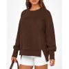 imageBTFBM Womens Casual Crewneck Sweatshirts 2026 Spring Long Sleeve Side Slit Workout Fleece Pullover Top Fashion ClothingCoffee