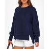 imageBTFBM Womens Casual Crewneck Sweatshirts 2026 Spring Long Sleeve Side Slit Workout Fleece Pullover Top Fashion ClothingNavy