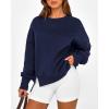 imageBTFBM Womens Casual Crewneck Sweatshirts 2026 Spring Long Sleeve Side Slit Workout Fleece Pullover Top Fashion ClothingNavy