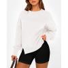 imageBTFBM Womens Casual Crewneck Sweatshirts 2026 Spring Long Sleeve Side Slit Workout Fleece Pullover Top Fashion ClothingWhite