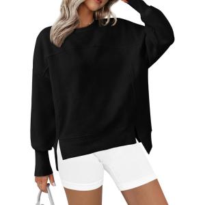 imageBTFBM Womens Casual Crewneck Sweatshirts 2026 Spring Long Sleeve Side Slit Workout Fleece Pullover Top Fashion ClothingBlack