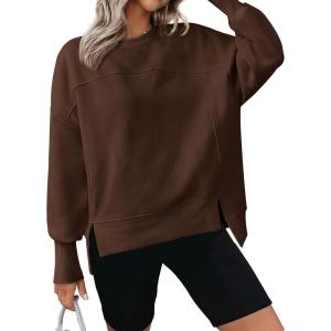 imageBTFBM Womens Casual Crewneck Sweatshirts 2026 Spring Long Sleeve Side Slit Workout Fleece Pullover Top Fashion ClothingCoffee
