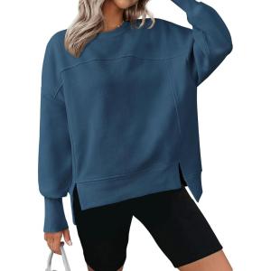 imageBTFBM Womens Casual Crewneck Sweatshirts 2026 Spring Long Sleeve Side Slit Workout Fleece Pullover Top Fashion ClothingDark Blue